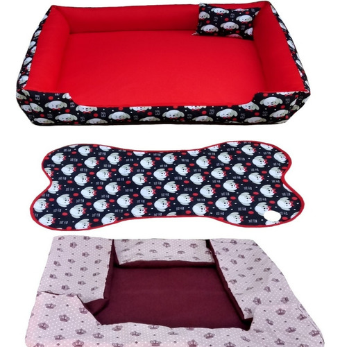 Cama Para Cachorro Grande Gg 95x95 Cm + Tapete E Capa Extra Cor Cama Vermelha E Capa Vinho