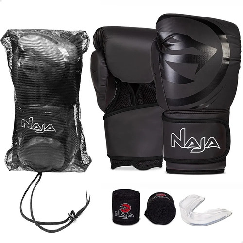 Kit Luva Muay Thai Boxe Naja Black Line Com Bucal E Bandagem