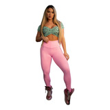 Conjunto Fitness Top Animal Print Verde Legging Rosa