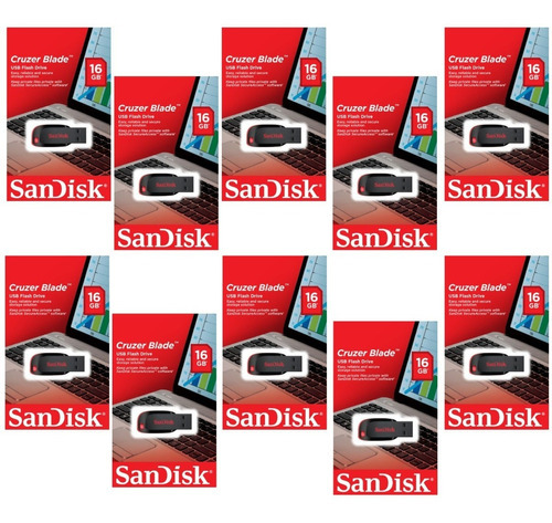 Paquete 10 Pzas Usb 16gb Sandisk 2.0 Sdcz50-016g-b35 /k Color Negro/rojo