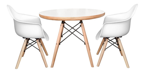 Mesa Cubierta Blanca Y Dos Sillas Blancas Eames Con Brazos