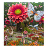 Vinilo 100x100cm Jardin De Gigantes Flor Mariposa Hada M4