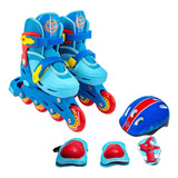 Kit Patins Infantil Azul Menino Ajustavel 30-33 Kit Proteção