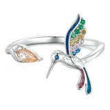 Anillo Para Mujer Ajustable En Plata 925 Colibrí Colorido 