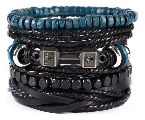 Pulsera Cuero Genuino Hombre Set 4 En 1 Mancuerna Brazalete