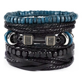 Pulsera Cuero Genuino Hombre Set 4 En 1 Mancuerna Brazalete