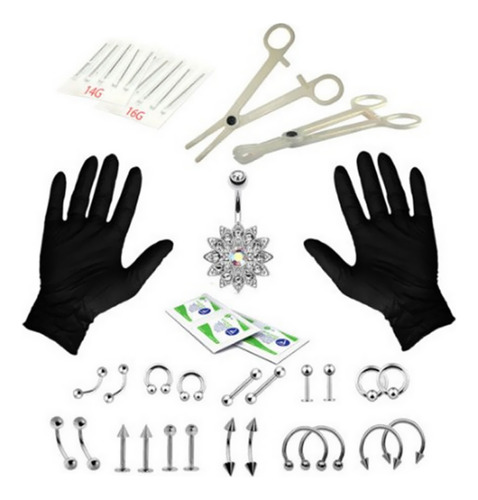 Kit Piercing Joyería 41 Pzs Acero Inox Agujas Barra Anillo N