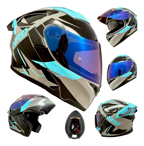 Casco Moto Negro Gris Brillante Mica Azul Abatible Hro Alero