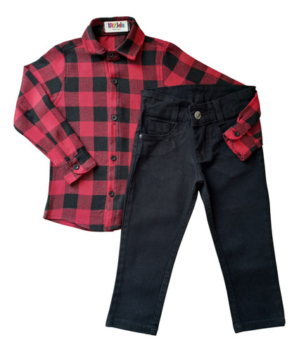 Conjunto Infantil Menino Camisa Xadrez E Calça Preta