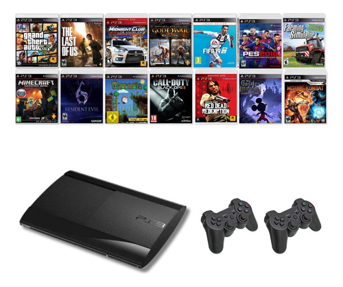 Playstation 3 Super Slim Ps3 81 Jogos Originais  Com 2 Controles + Gta 5 + Pes 2018 + God Of War + The Last Of Us + Fifa 19 + Minecraft + Far Cry 4