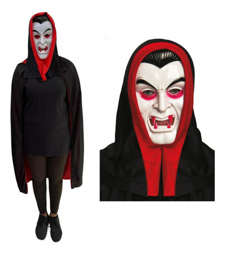 Capa Negra Adulto Cotillón Activarte + Mascara De Vampiro Dracula
