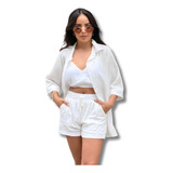 Conjunto Feminino Short Cropped E Camisão Viscolinho Verão