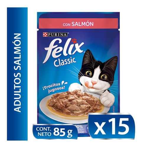 15x Alimento Para Gatos Felix Adultos Salmón Salsa 85gr Np