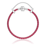 Pulseira De Couro Rosa E Prata 925 - 19,5 Cm