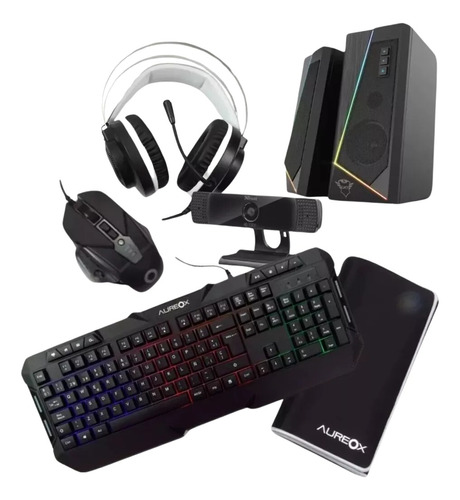 Combo Setup Kit Teclado Mouse Auricular Pad Parlantes Webcam