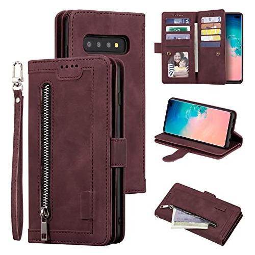 Funda Cartera Para Samsung Galaxy S10 Plus Vino Rojo Pu Piel