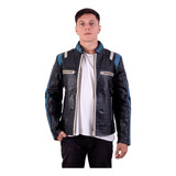 Campera De Cuero Vacuno 100% De Hombre Motoquera Comb. Azul