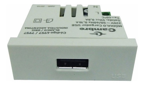 Módulo Cargador Usb Cambre Color Blanco Corriente Nominal 10 A Voltaje Nominal 250v