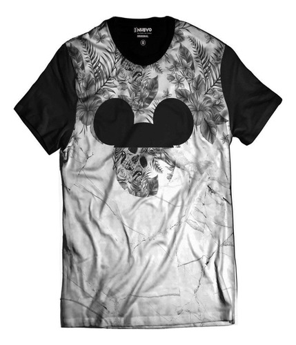 Camiseta Floral Caveira Mickey Mouse Street Wear Branca