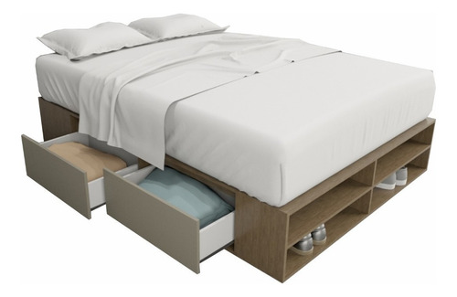 Cama Box Sommier 2 Plazas 4 Cajones + Zapatero Melamina 140 Color Nogal/gris