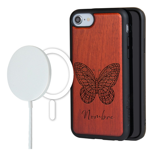 Funda Para iPhone Magsafe Madera Mariposa Grabada Con Nombre