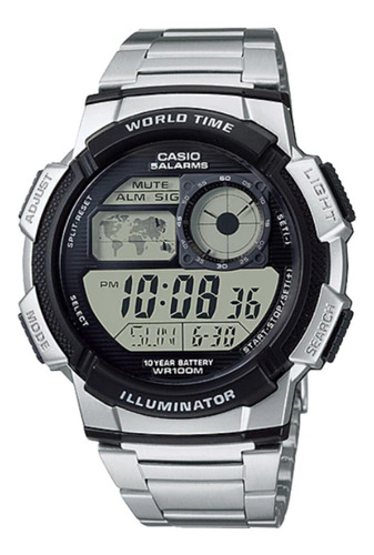 Reloj Pulsera Digital Casio Ae-1000 Con Correa De Acero Inoxidable Color Plateado - Fondo Negro