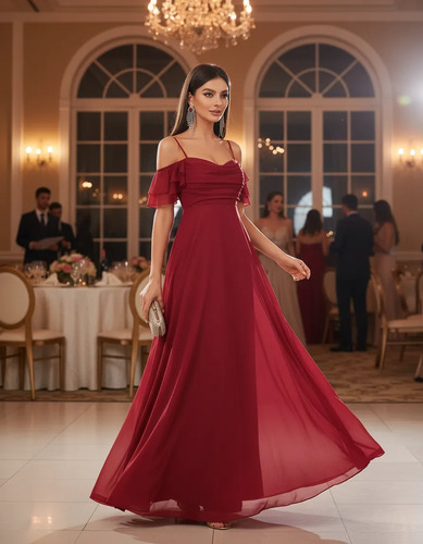 Vestido Elegante Gasa Mangas Caidas Navidad Fin Año