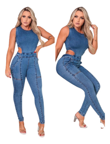 Macacão Longo Jeans Feminino Regato Pura Elegancia