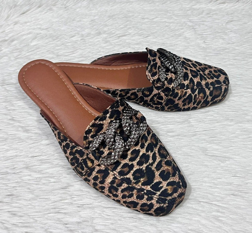 Mule Feminino Bico Quadrado Onça Animal Print Confort Luxo