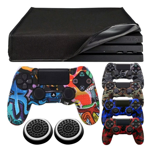 Capa Console Compatível Com Ps4 + 2 Capas Controle + 4 Grip