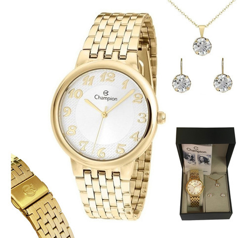 Relógio Champion Feminino Dourado Pequeno + Colar E Brincos Cor Do Fundo Branco