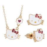 Conjunto De Aretes + Collar Hello Kitty Cat Dorado Sanrio