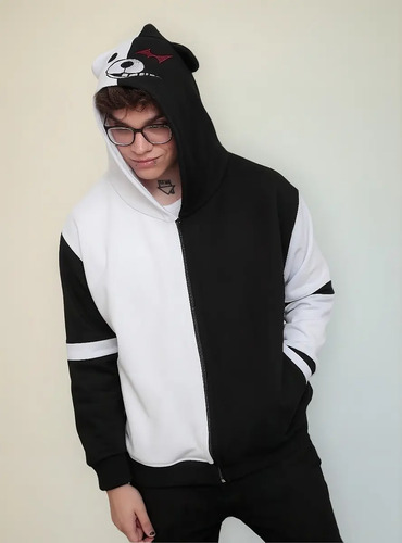 Moletom Danganronpa Monokuma Urso Preto Branco Desenho Capuz
