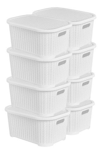 Set De 8 Cajas Organizadoras Simil Rattan Con Tapa Apilables