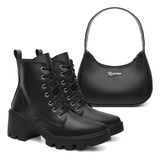 Bota Feminina Salto Baixo Coturno Tratorado Kit Bolsa Ombro