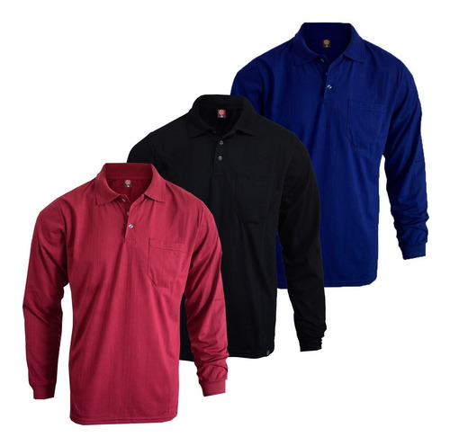 Camisa Polo Manga Longa Com Bolso Poliviscose Kit 3 Peças