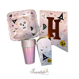 Combo Halloween Rosa Pastel Platos Cajitas Banderin N3