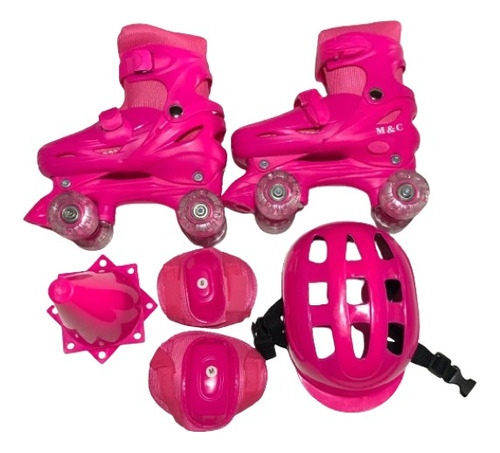 Patins Infantil 4 Rodas Pink Com Led Regulável +kit Proteção