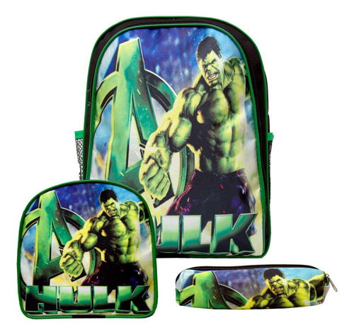 Mochila Masculina Infantil Escolar Hulk Lancheira Estojo