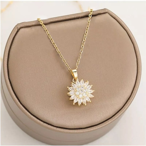 Collar Girasol Giratorio Con Zircones Acero Inoxidable