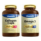 Kit Colageno + Omega 3 Capsulas Vitaminas Vitaminlife Sabor Sem Sabor