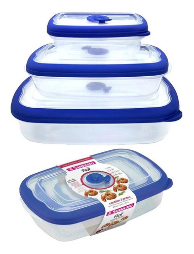 3 Potes Retangulares Freezer Microondas Sanremo Flor - Azul