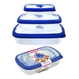 3 Potes Retangulares Freezer Microondas Sanremo Flor - Azul