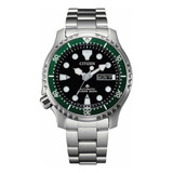 Reloj Marítimo Citizen Promaster Ny0084-89e, Correa Automática, Color Plateado Y Bisel, Color Verde, Color De Fondo Negro