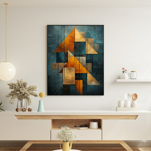 Quadro Grande Para Sala Quarto 90x60 Geometria Dourada