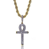 Collar Cruz Ankh Oro 14k Con Diamantes, Cadena Cubana 24 