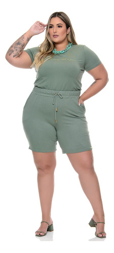 Conjunto Plus Size Moletinho Blusa E Bermuda Verde