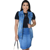 Conjunto Feminino Saia Com Colete Jeans Moda Evangelica Luxo