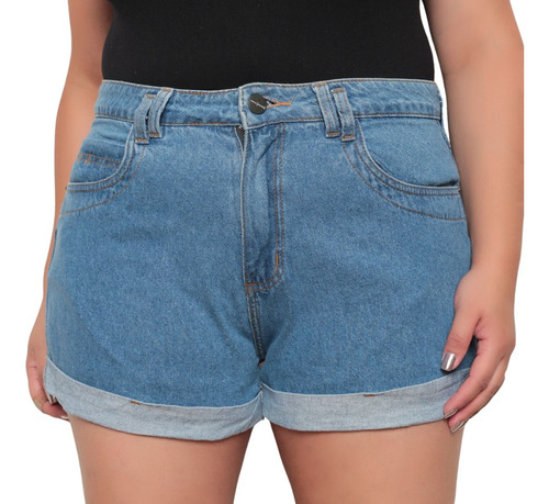 Short Jeans Plus Size Feminino Algodão Barra Virada