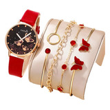 Set Conjunto Reloj Rojo De Mariposa Con Pulseras Doradas